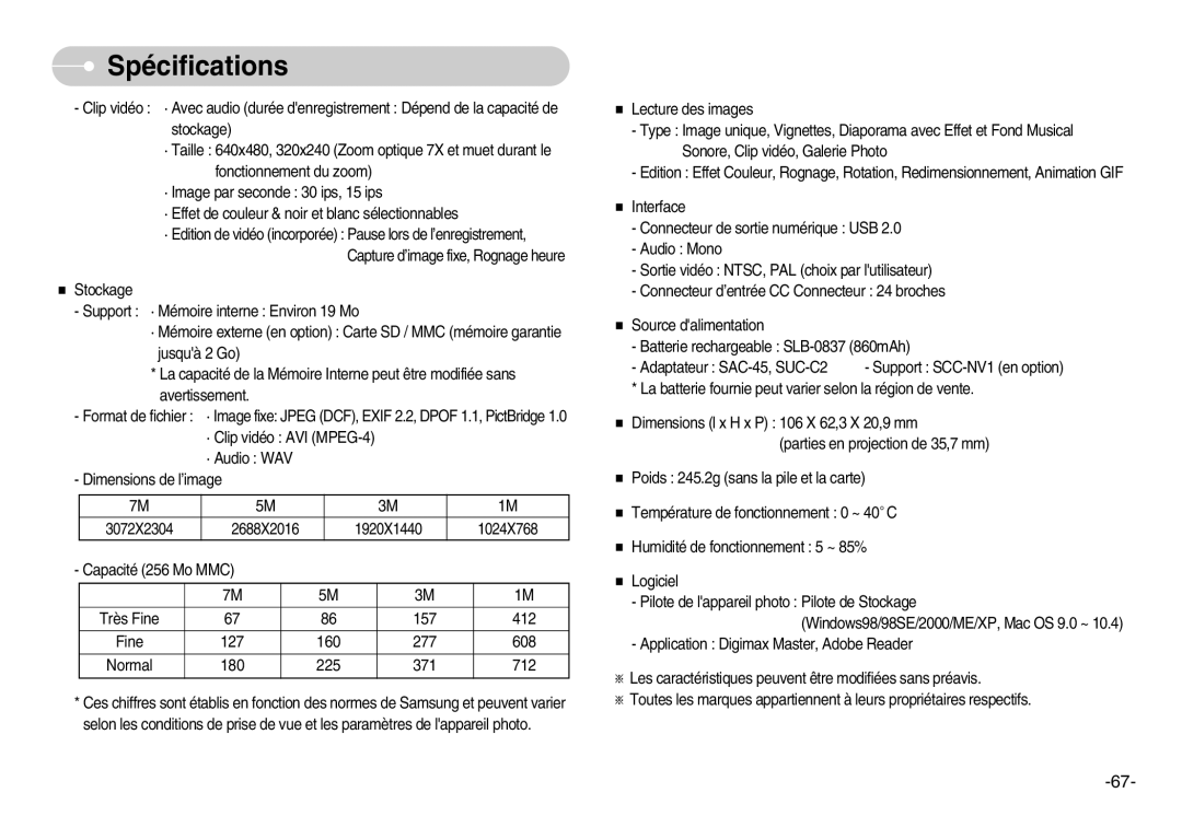 Samsung EC-NV7ZZBBC/DE, EC-NV7ZZBBA/FR, EC-NV7ZZBBB/E2, EC-NV7ZZBBB/FR manual Spécifications 