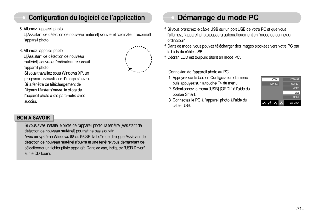 Samsung EC-NV7ZZBBC/DE, EC-NV7ZZBBA/FR, EC-NV7ZZBBB/E2, EC-NV7ZZBBB/FR manual Démarrage du mode PC 