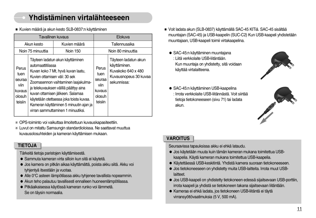 Samsung EC-NV7ZZBBC/DE, EC-NV7ZZBBB/E2, EC-NV7ZZBBA/FI, EC-NV7ZZBBC/E2 manual Yhdistäminenavirtalähteeseen, Tietoja 