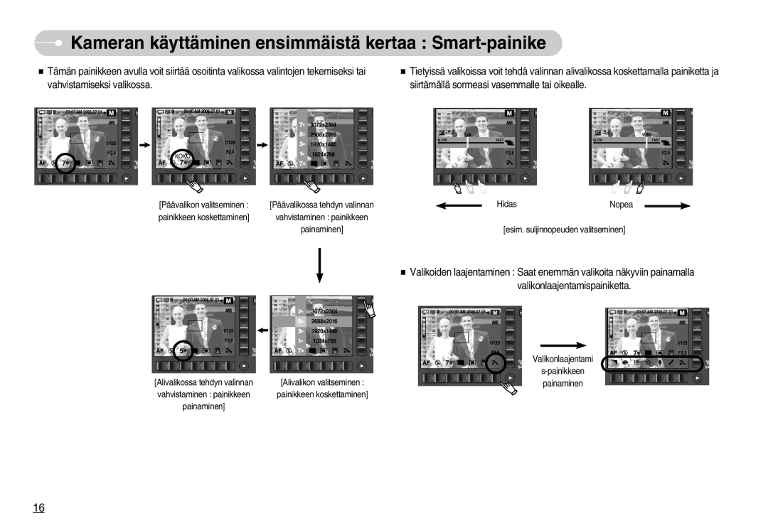 Samsung EC-NV7ZZBBB/E2, EC-NV7ZZBBC/DE, EC-NV7ZZBBA/FI manual Kameran käyttäminen ensimmäistä kertaa Smart-painike, Hidas 