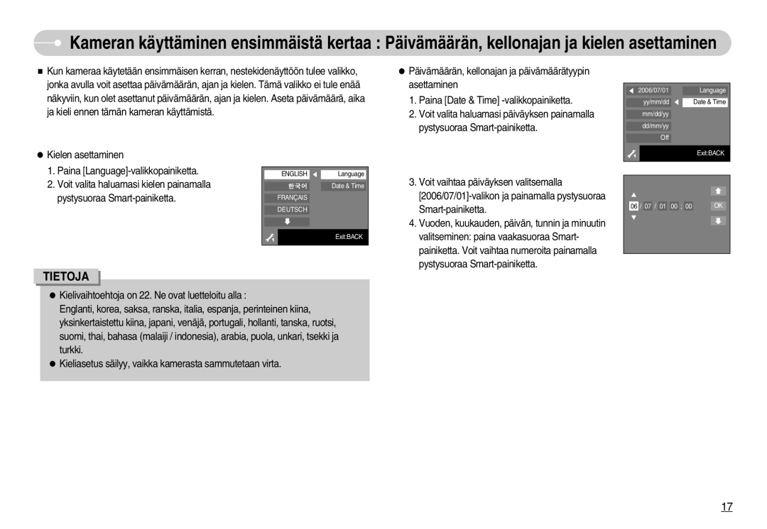 Samsung EC-NV7ZZBBA/FI, EC-NV7ZZBBC/DE, EC-NV7ZZBBB/E2, EC-NV7ZZBBC/E2 Kielen asettaminen Paina Language-valikkopainiketta 