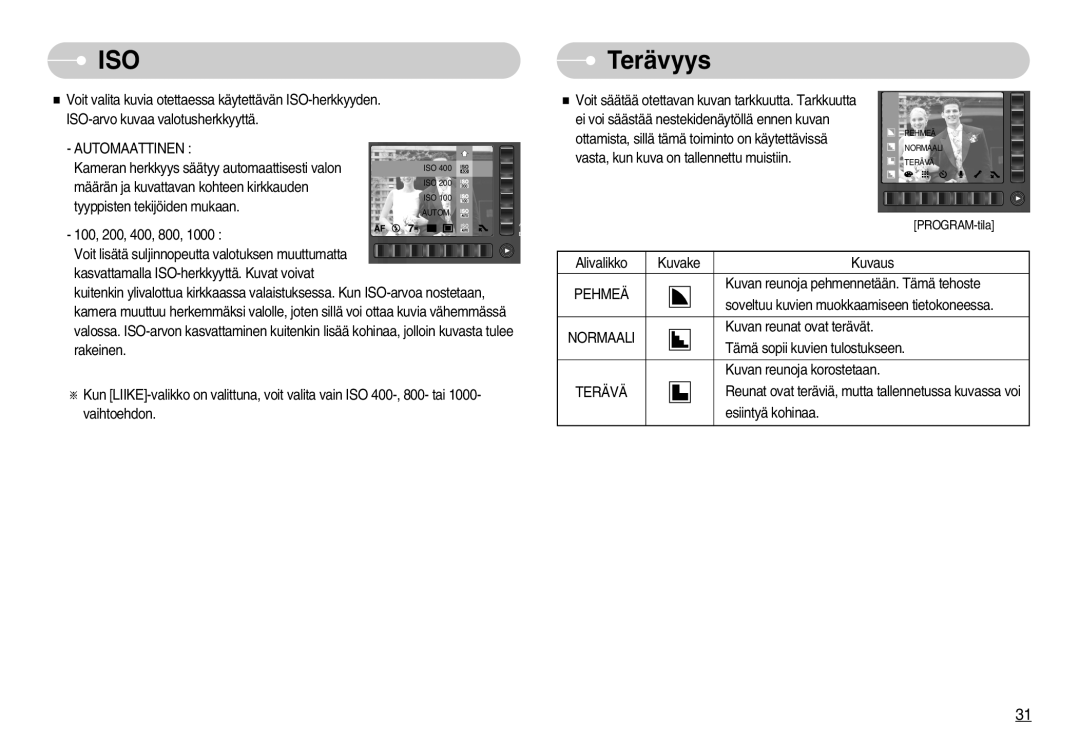 Samsung EC-NV7ZZBBC/DE, EC-NV7ZZBBB/E2, EC-NV7ZZBBA/FI, EC-NV7ZZBBC/E2 manual Terävyys, Automaattinen, Pehmeä, Terävä 