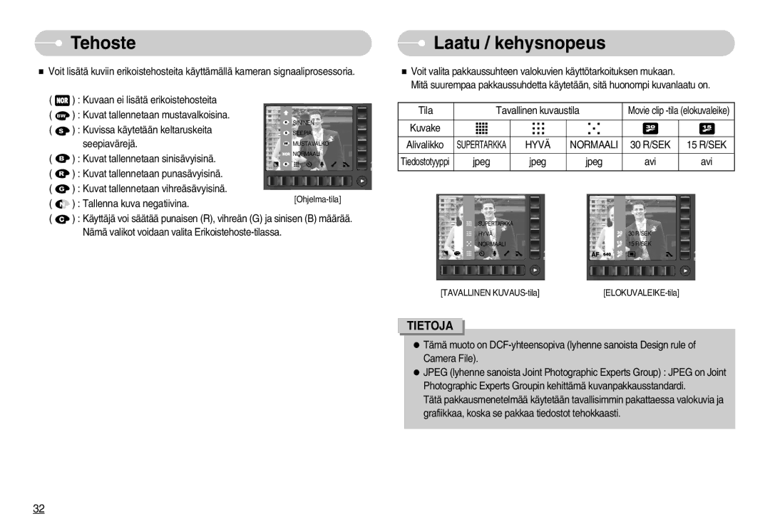 Samsung EC-NV7ZZBBB/E2, EC-NV7ZZBBC/DE, EC-NV7ZZBBA/FI, EC-NV7ZZBBC/E2 manual Tehoste, Laatu / kehysnopeus 