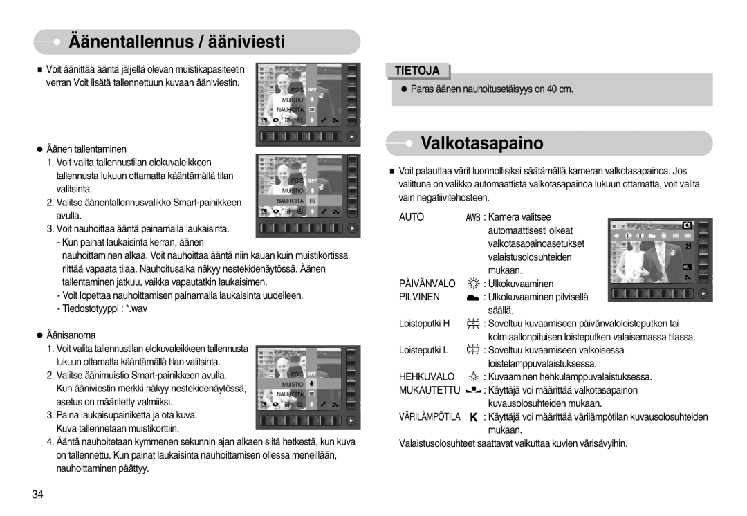 Samsung EC-NV7ZZBBC/E2, EC-NV7ZZBBC/DE, EC-NV7ZZBBB/E2 manual Valkotasapaino, Päivänvalo, Pilvinen, Hehkuvalo, Mukautettu 