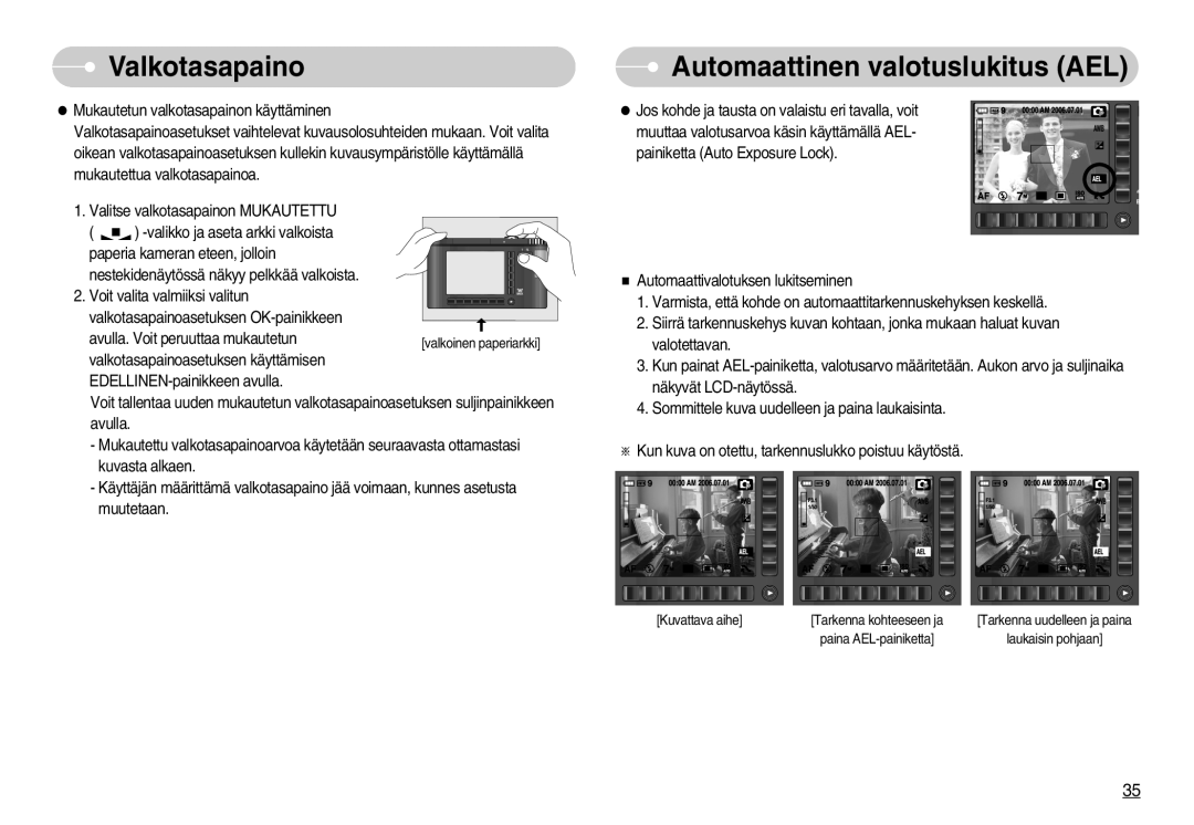 Samsung EC-NV7ZZBBC/DE, EC-NV7ZZBBB/E2, EC-NV7ZZBBA/FI, EC-NV7ZZBBC/E2 manual Automaattinen valotuslukitus AEL 