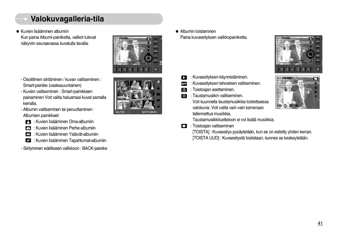 Samsung EC-NV7ZZBBA/FI, EC-NV7ZZBBC/DE, EC-NV7ZZBBB/E2 manual Albumin toistaminen Paina kuvaesityksen valikkopainiketta 