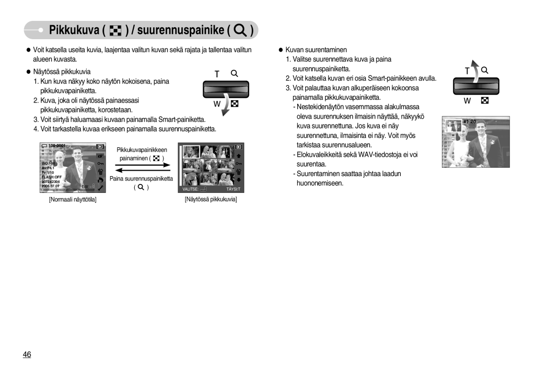 Samsung EC-NV7ZZBBC/E2, EC-NV7ZZBBC/DE, EC-NV7ZZBBB/E2, EC-NV7ZZBBA/FI manual Pikkukuva / suurennuspainike 