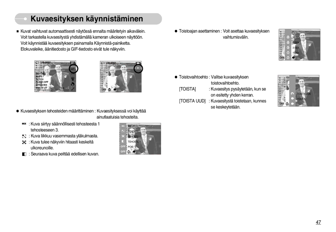 Samsung EC-NV7ZZBBC/DE, EC-NV7ZZBBB/E2, EC-NV7ZZBBA/FI, EC-NV7ZZBBC/E2 manual Kuvaesityksen käynnistäminen, Toista UUD 