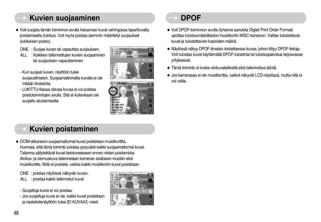 Samsung EC-NV7ZZBBB/E2, EC-NV7ZZBBC/DE, EC-NV7ZZBBA/FI, EC-NV7ZZBBC/E2 manual Kuvien suojaaminen, Kuvien poistaminen, One, All 