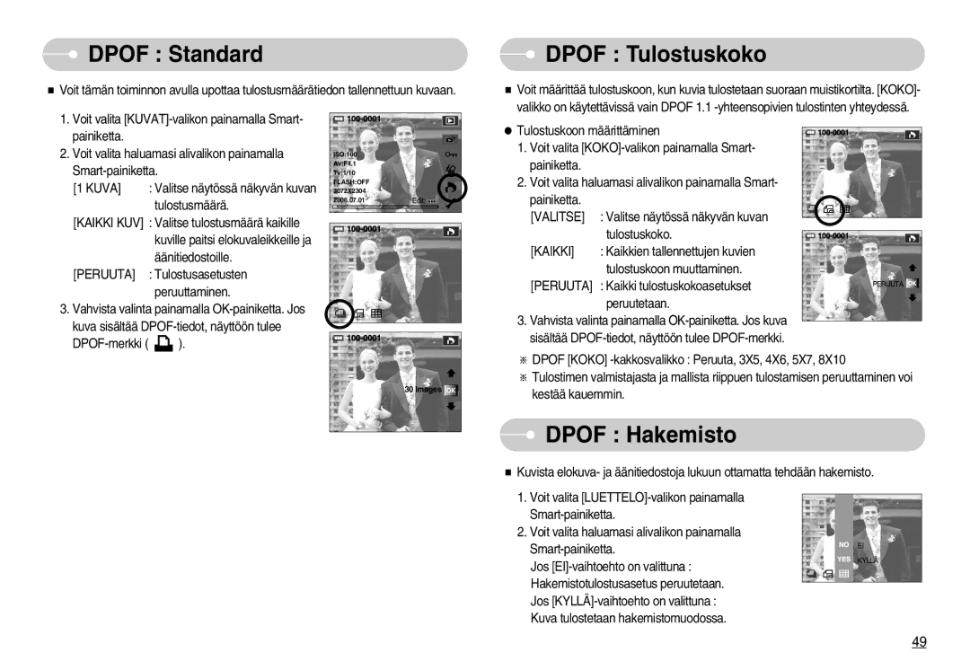 Samsung EC-NV7ZZBBA/FI, EC-NV7ZZBBC/DE, EC-NV7ZZBBB/E2, EC-NV7ZZBBC/E2 manual Dpof Standard, Dpof Tulostuskoko, Dpof Hakemisto 