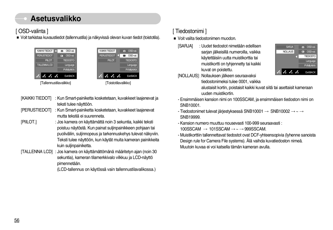 Samsung EC-NV7ZZBBB/E2, EC-NV7ZZBBC/DE, EC-NV7ZZBBA/FI, EC-NV7ZZBBC/E2 Kaikki Tiedot, Piilot, 100SSCAM 101SSCAM ~ 999SSCAM 