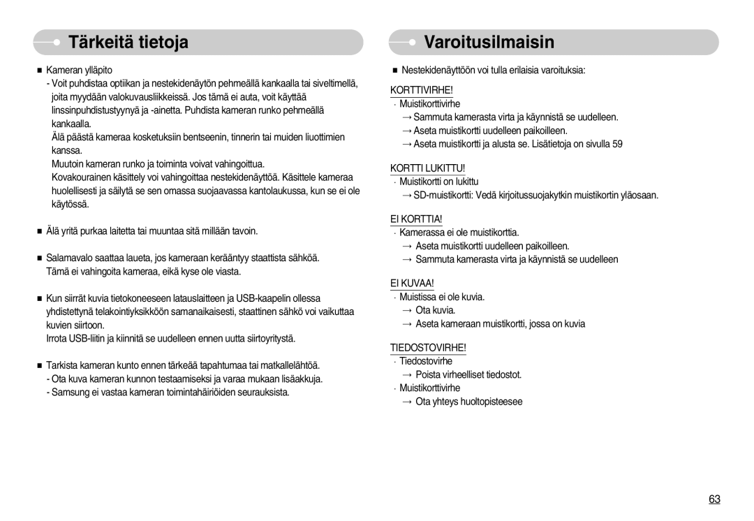 Samsung EC-NV7ZZBBC/DE, EC-NV7ZZBBB/E2, EC-NV7ZZBBA/FI, EC-NV7ZZBBC/E2 Varoitusilmaisin, EI Korttia, EI Kuvaa, Tiedostovirhe 