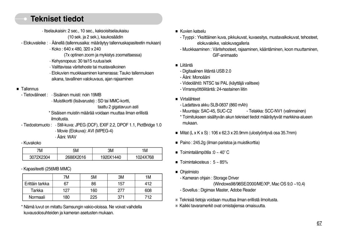 Samsung EC-NV7ZZBBC/DE, EC-NV7ZZBBB/E2, EC-NV7ZZBBA/FI, EC-NV7ZZBBC/E2 manual Tekniset tiedot 