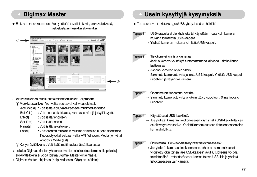 Samsung EC-NV7ZZBBA/FI, EC-NV7ZZBBC/DE, EC-NV7ZZBBB/E2, EC-NV7ZZBBC/E2 manual Digimax Master Usein kysyttyjä kysymyksiä 