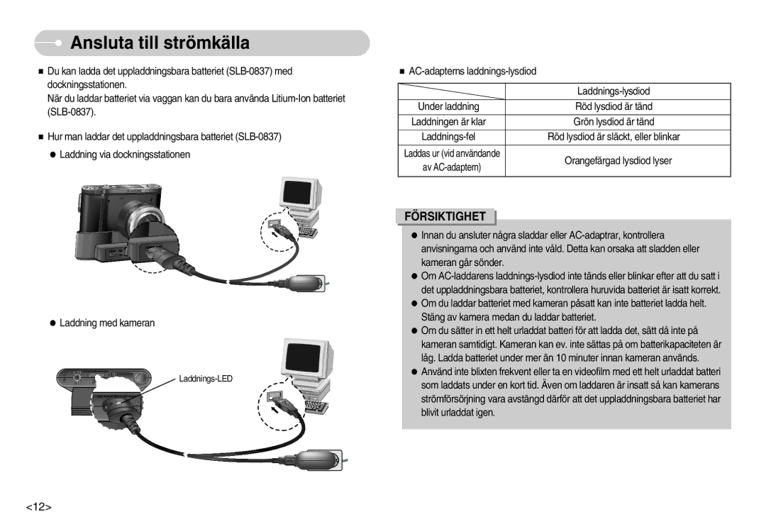 Samsung EC-NV7ZZBBB/E2, EC-NV7ZZBBC/DE, EC-NV7ZZBBA/FI, EC-NV7ZZBBC/E2 manual Laddning med kameran 