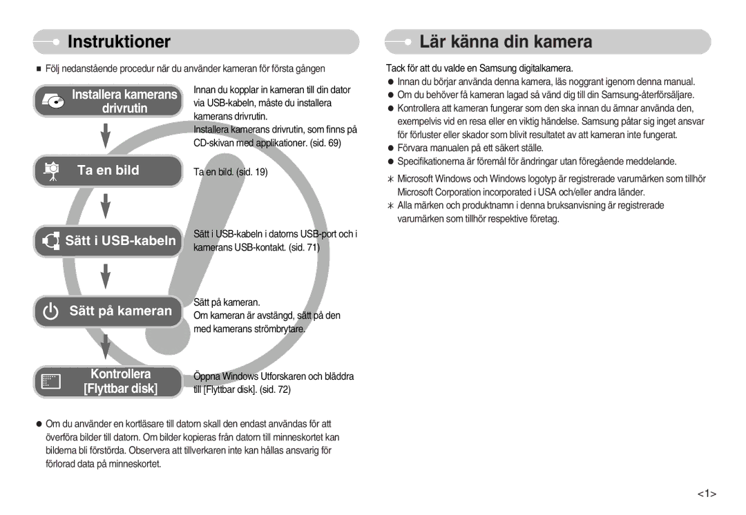 Samsung EC-NV7ZZBBA/FI, EC-NV7ZZBBC/DE, EC-NV7ZZBBB/E2, EC-NV7ZZBBC/E2 manual Instruktioner, Lär känna din kamera 