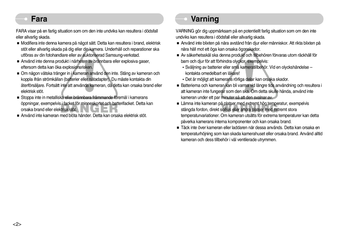 Samsung EC-NV7ZZBBC/E2, EC-NV7ZZBBC/DE, EC-NV7ZZBBB/E2, EC-NV7ZZBBA/FI manual Fara, Varning 