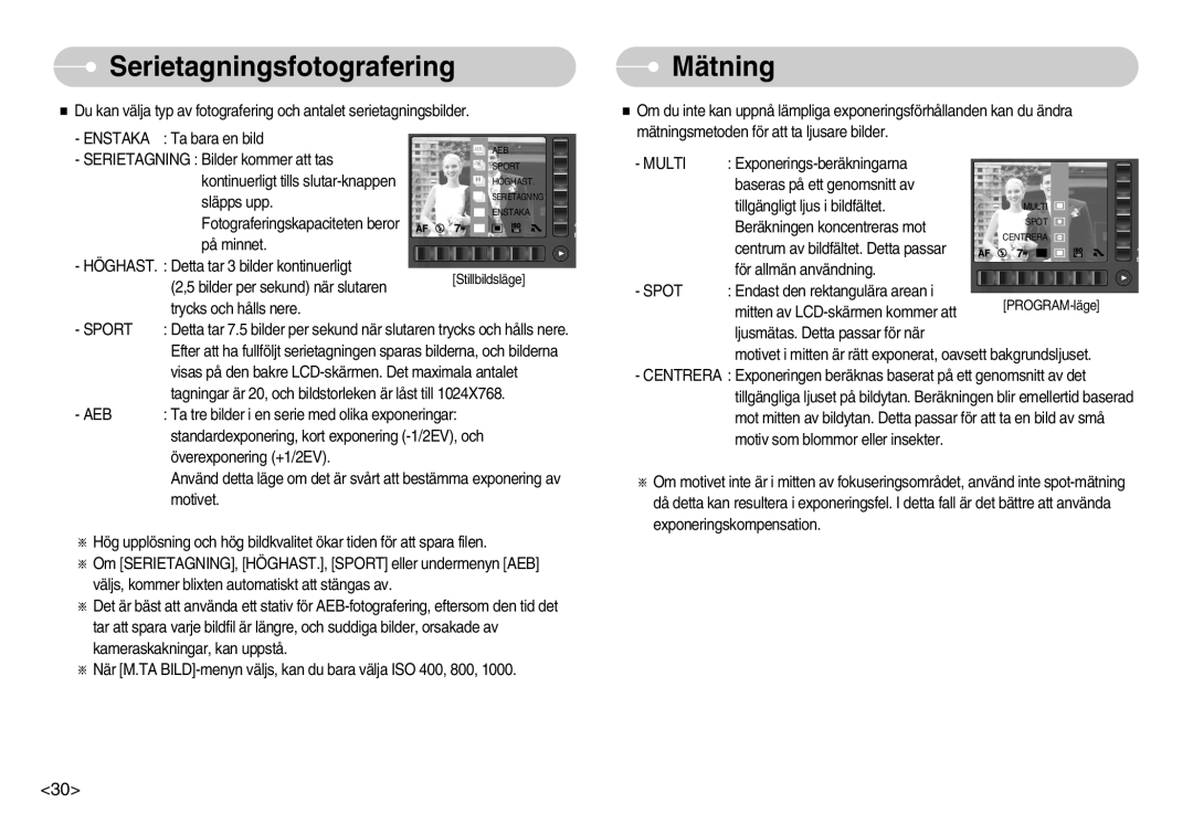 Samsung EC-NV7ZZBBC/E2, EC-NV7ZZBBC/DE, EC-NV7ZZBBB/E2, EC-NV7ZZBBA/FI manual Serietagningsfotografering, Mätning, Sport, Spot 