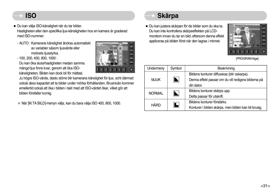 Samsung EC-NV7ZZBBC/DE, EC-NV7ZZBBB/E2, EC-NV7ZZBBA/FI, EC-NV7ZZBBC/E2 manual Skärpa, Mjuk, Hård 