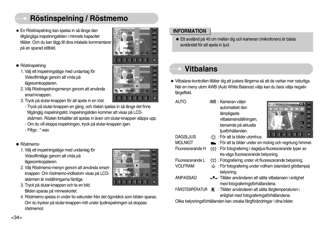 Samsung EC-NV7ZZBBC/E2, EC-NV7ZZBBC/DE, EC-NV7ZZBBB/E2, EC-NV7ZZBBA/FI manual Röstinspelning / Röstmemo, Vitbalans 