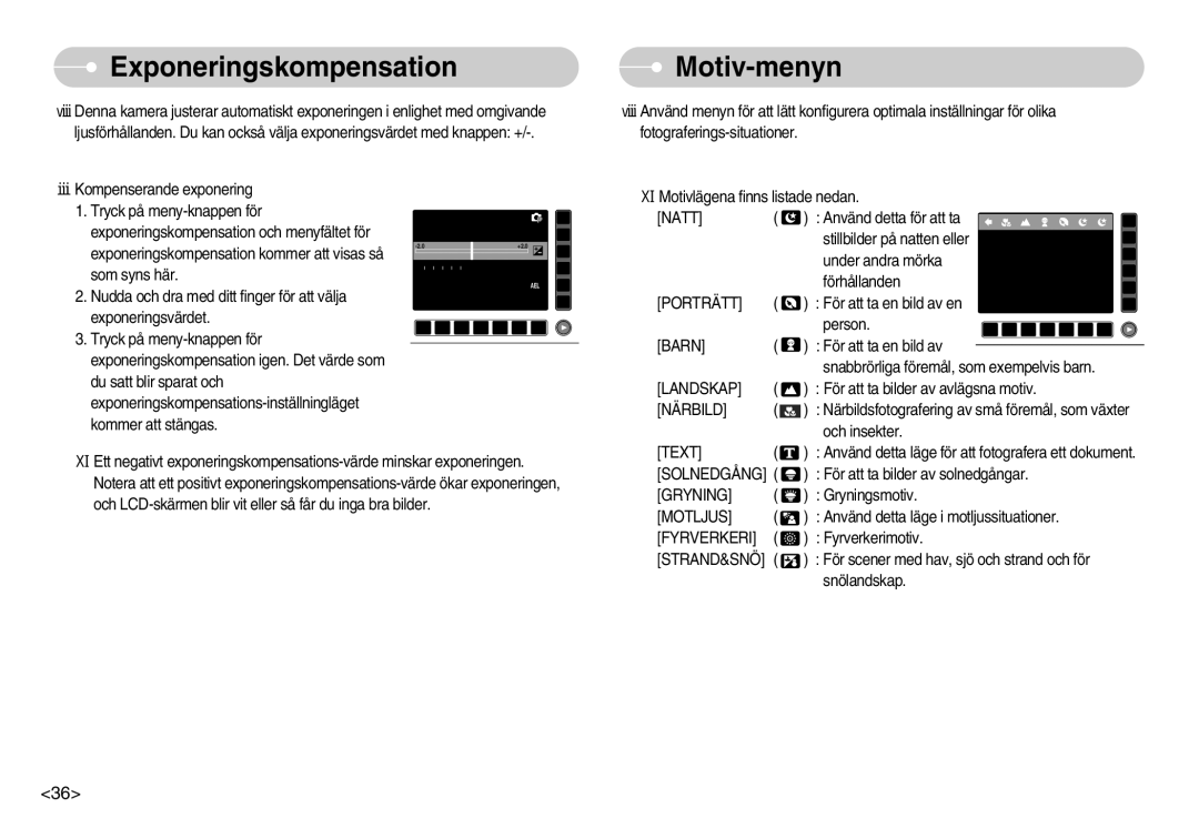 Samsung EC-NV7ZZBBB/E2, EC-NV7ZZBBC/DE, EC-NV7ZZBBA/FI, EC-NV7ZZBBC/E2 manual Exponeringskompensation, Motiv-menyn 