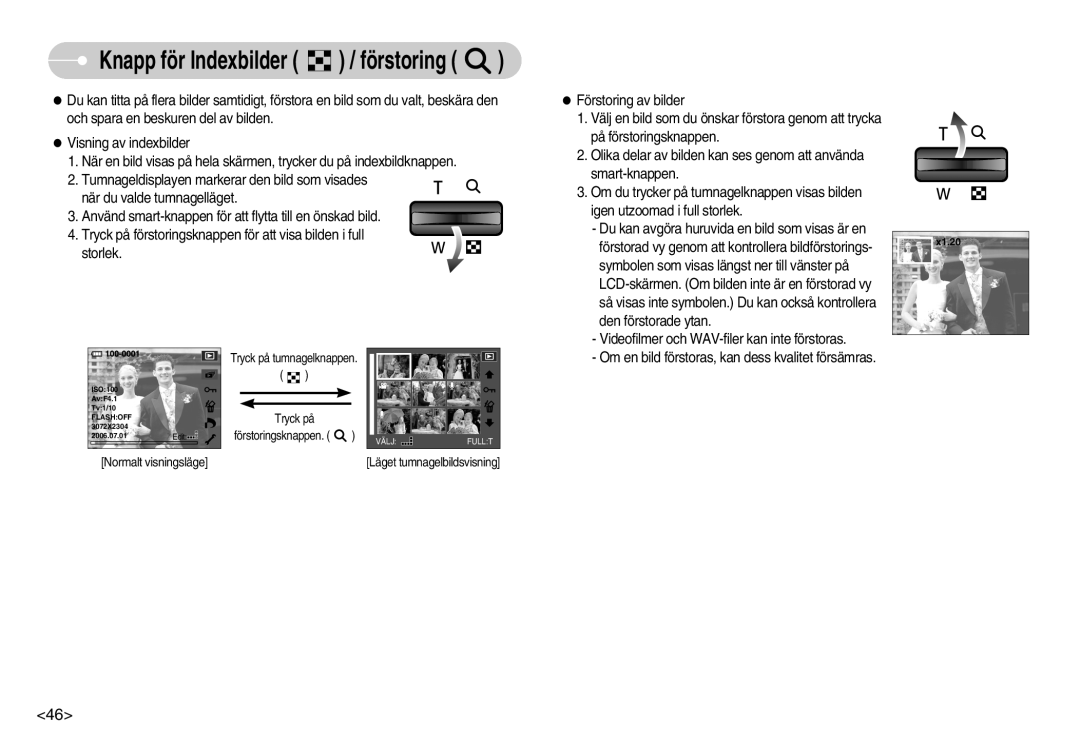 Samsung EC-NV7ZZBBC/E2, EC-NV7ZZBBC/DE, EC-NV7ZZBBB/E2, EC-NV7ZZBBA/FI manual Knapp för Indexbilder / förstoring 