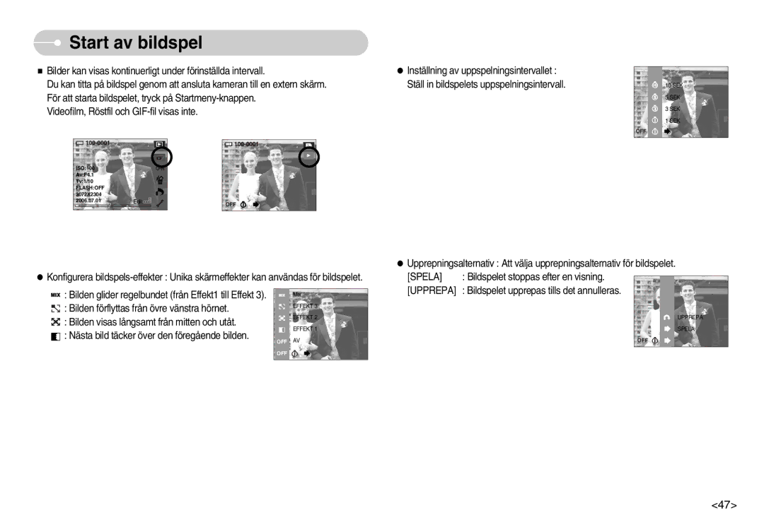 Samsung EC-NV7ZZBBC/DE, EC-NV7ZZBBB/E2, EC-NV7ZZBBA/FI, EC-NV7ZZBBC/E2 manual Start av bildspel 