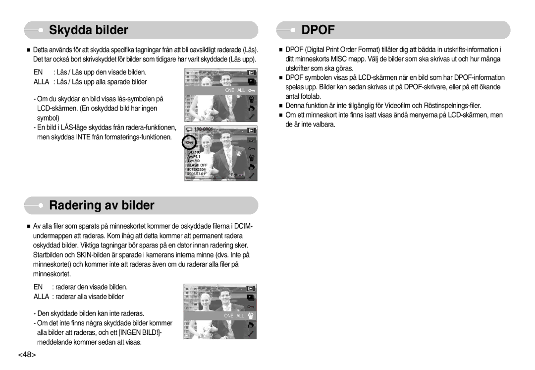 Samsung EC-NV7ZZBBB/E2, EC-NV7ZZBBC/DE, EC-NV7ZZBBA/FI, EC-NV7ZZBBC/E2 manual Skydda bilder, Radering av bilder, Alla 