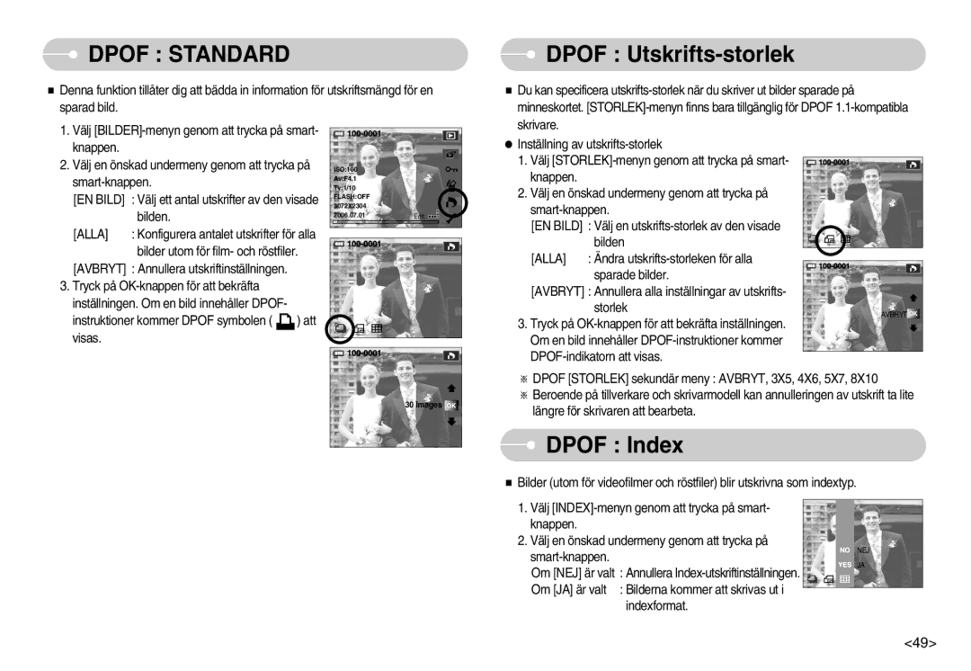 Samsung EC-NV7ZZBBA/FI, EC-NV7ZZBBC/DE, EC-NV7ZZBBB/E2, EC-NV7ZZBBC/E2 manual Dpof Utskrifts-storlek, Dpof Index 