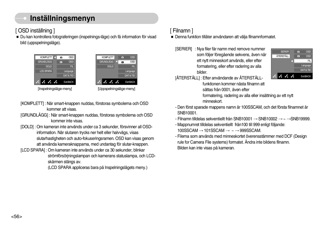 Samsung EC-NV7ZZBBB/E2, EC-NV7ZZBBC/DE, EC-NV7ZZBBA/FI, EC-NV7ZZBBC/E2 manual OSD inställning, 100SSCAM 101SSCAM ~ 999SSCAM 