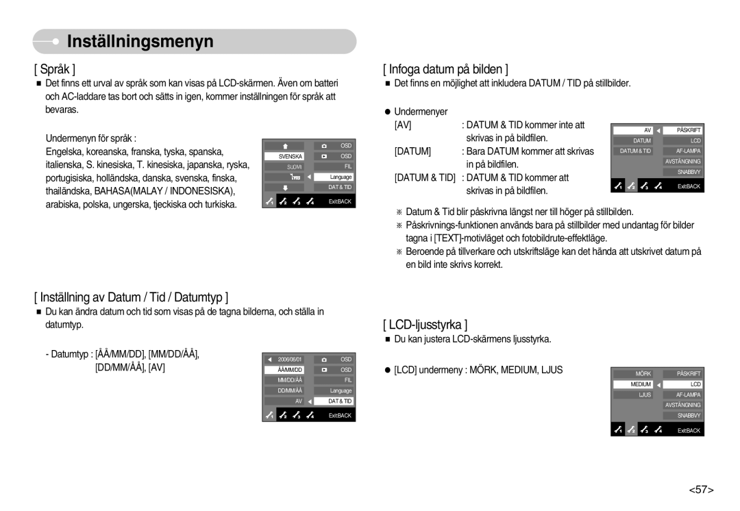 Samsung EC-NV7ZZBBA/FI, EC-NV7ZZBBC/DE, EC-NV7ZZBBB/E2, EC-NV7ZZBBC/E2 manual Inställning av Datum / Tid / Datumtyp 