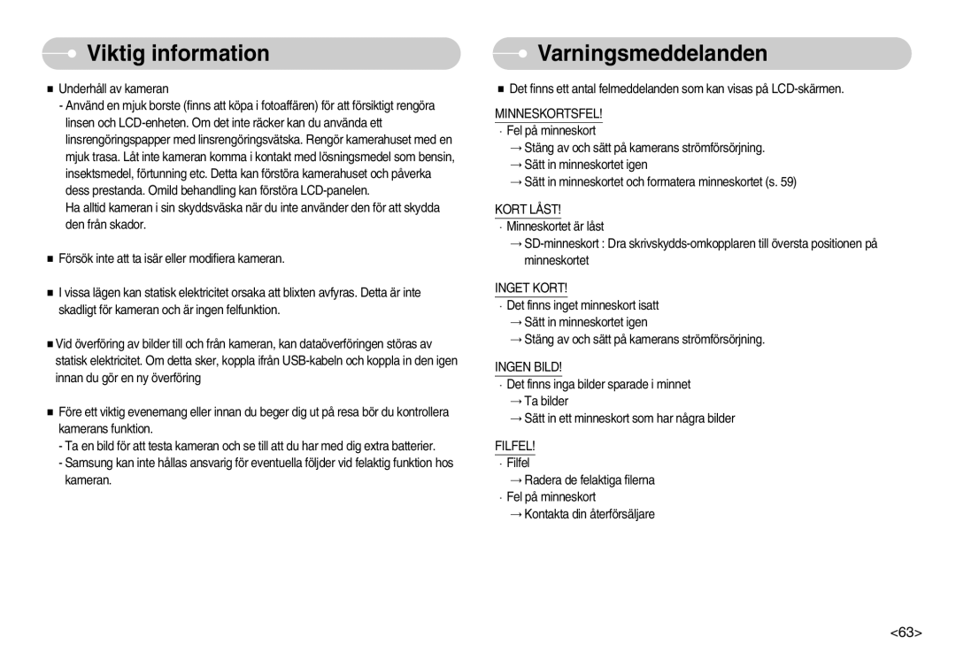 Samsung EC-NV7ZZBBC/DE, EC-NV7ZZBBB/E2, EC-NV7ZZBBA/FI, EC-NV7ZZBBC/E2 Varningsmeddelanden, Inget Kort, Ingen Bild, Filfel 