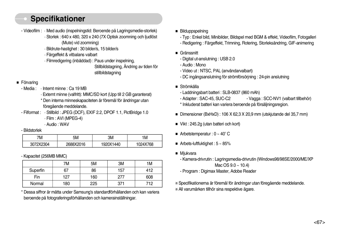 Samsung EC-NV7ZZBBC/DE, EC-NV7ZZBBB/E2, EC-NV7ZZBBA/FI, EC-NV7ZZBBC/E2 manual Specifikationer 