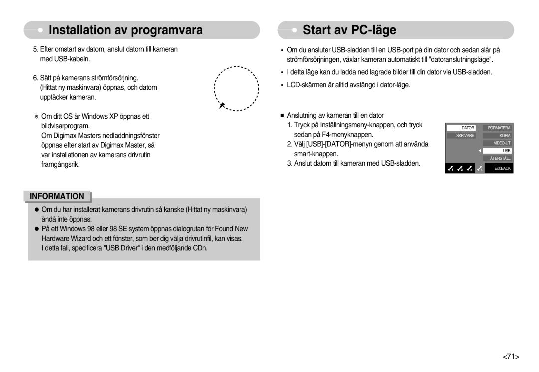 Samsung EC-NV7ZZBBC/DE, EC-NV7ZZBBB/E2, EC-NV7ZZBBA/FI, EC-NV7ZZBBC/E2 manual Start av PC-läge 