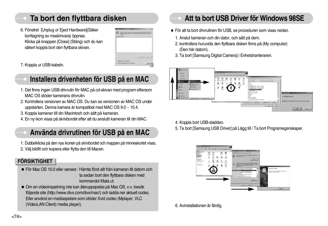 Samsung EC-NV7ZZBBC/E2, EC-NV7ZZBBC/DE, EC-NV7ZZBBB/E2, EC-NV7ZZBBA/FI manual Att ta bort USB Driver för Windows 98SE 