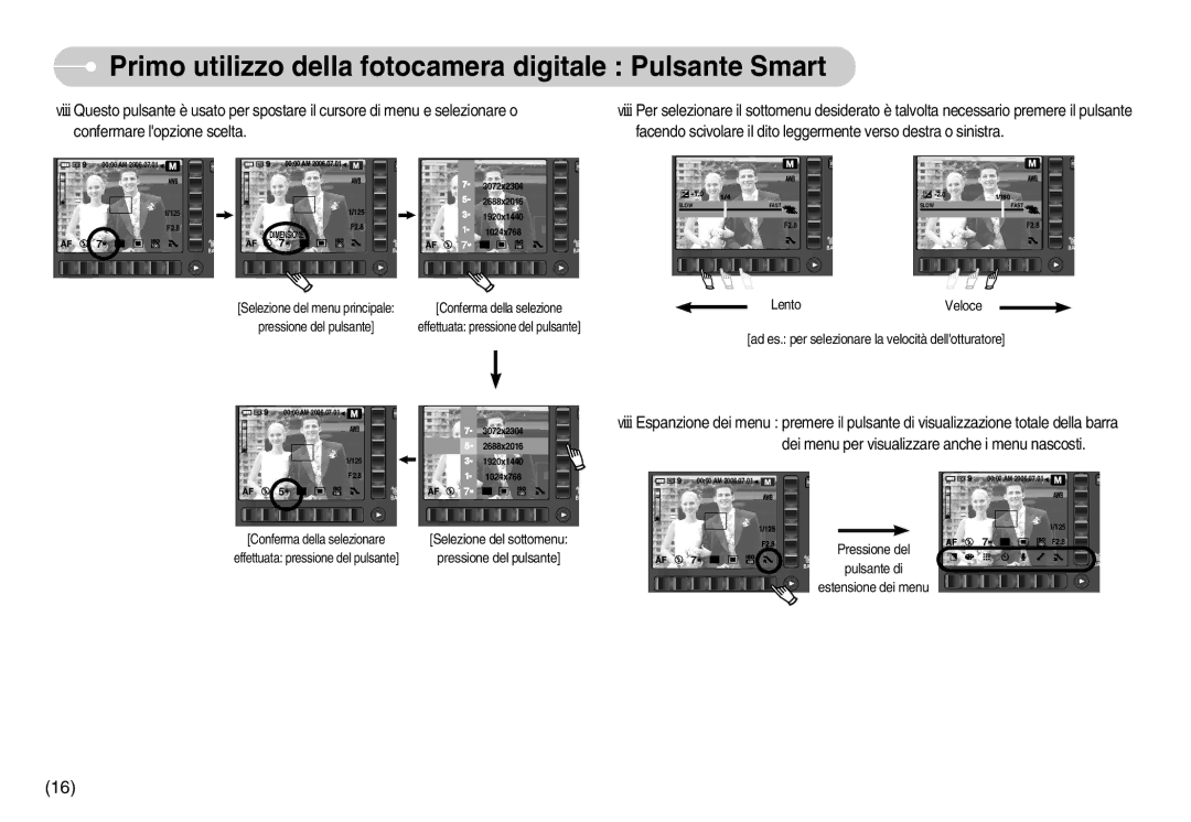 Samsung EC-NV7ZZBBB/IT, EC-NV7ZZBBC/DE, EC-NV7ZZBBA/IT manual Primo utilizzo della fotocamera digitale Pulsante Smart 