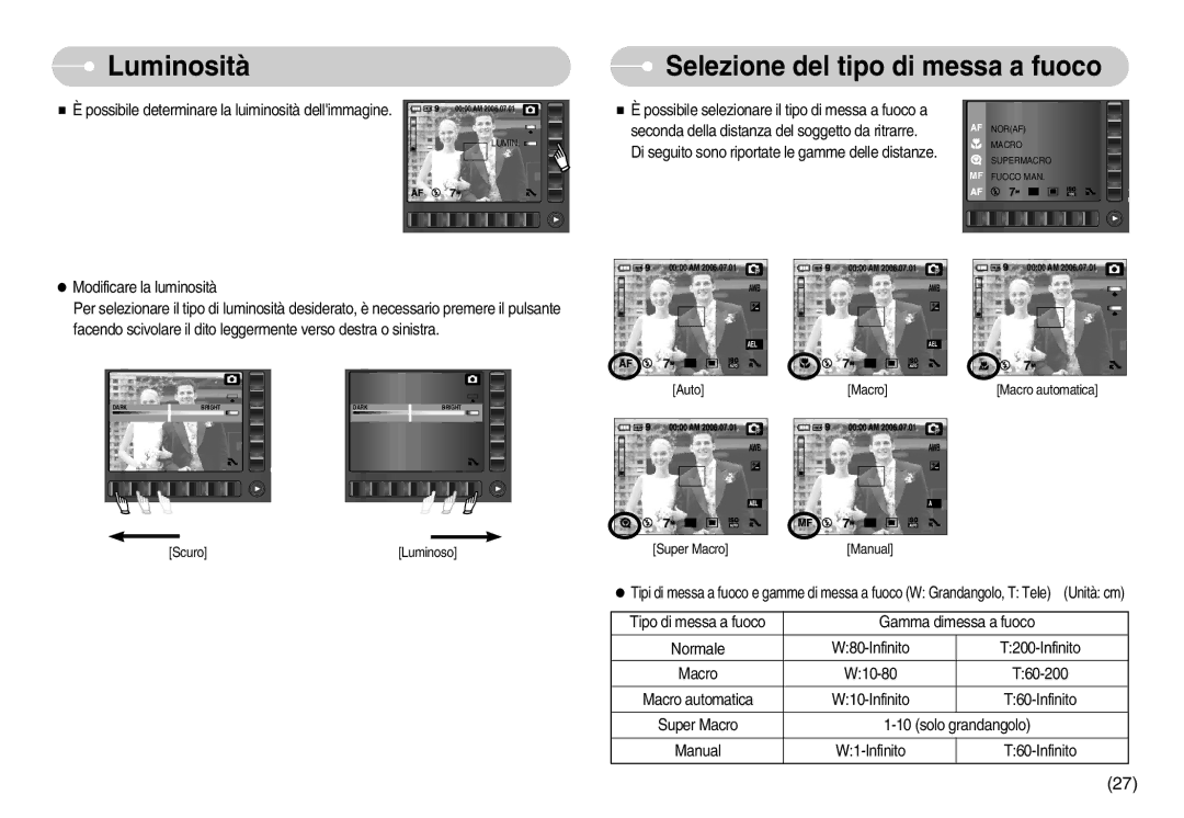 Samsung EC-NV7ZZBBC/DE, EC-NV7ZZBBB/IT, EC-NV7ZZBBA/IT, EC-NV7ZZBBC/E1 manual Luminosità, Selezione del tipo di messa a fuoco 