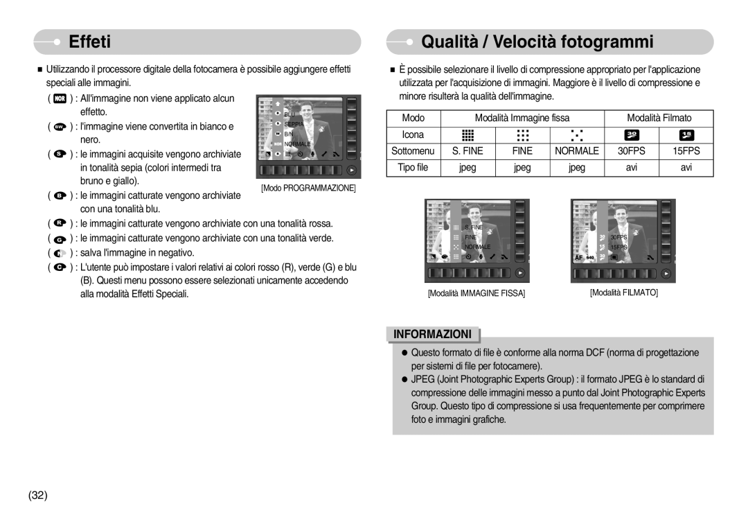 Samsung EC-NV7ZZBBB/IT, EC-NV7ZZBBC/DE, EC-NV7ZZBBA/IT manual Effeti, Qualità / Velocità fotogrammi, Fine Normale 30FPS 15FPS 