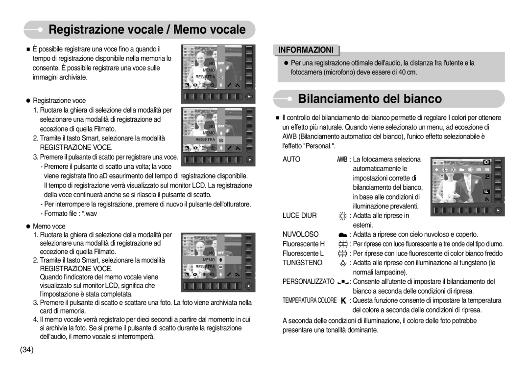 Samsung EC-NV7ZZBBC/E1, EC-NV7ZZBBC/DE, EC-NV7ZZBBB/IT manual Registrazione vocale / Memo vocale, Bilanciamento del bianco 