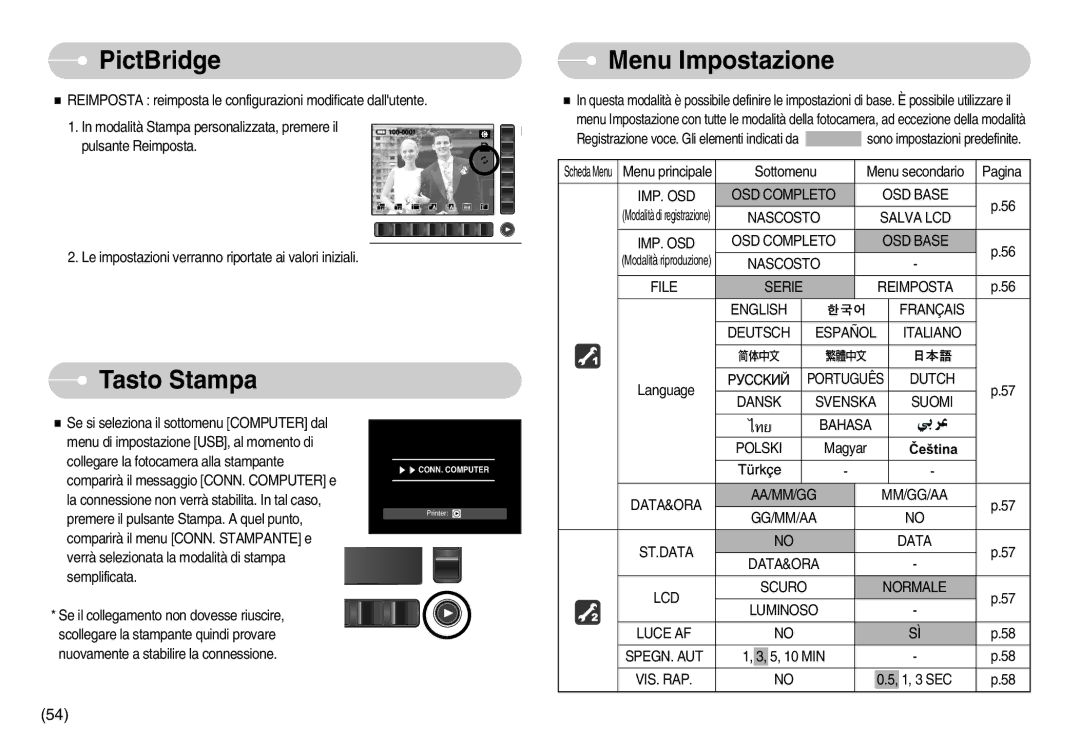 Samsung EC-NV7ZZBBC/E1, EC-NV7ZZBBC/DE, EC-NV7ZZBBB/IT, EC-NV7ZZBBA/IT manual Menu Impostazione, Tasto Stampa 