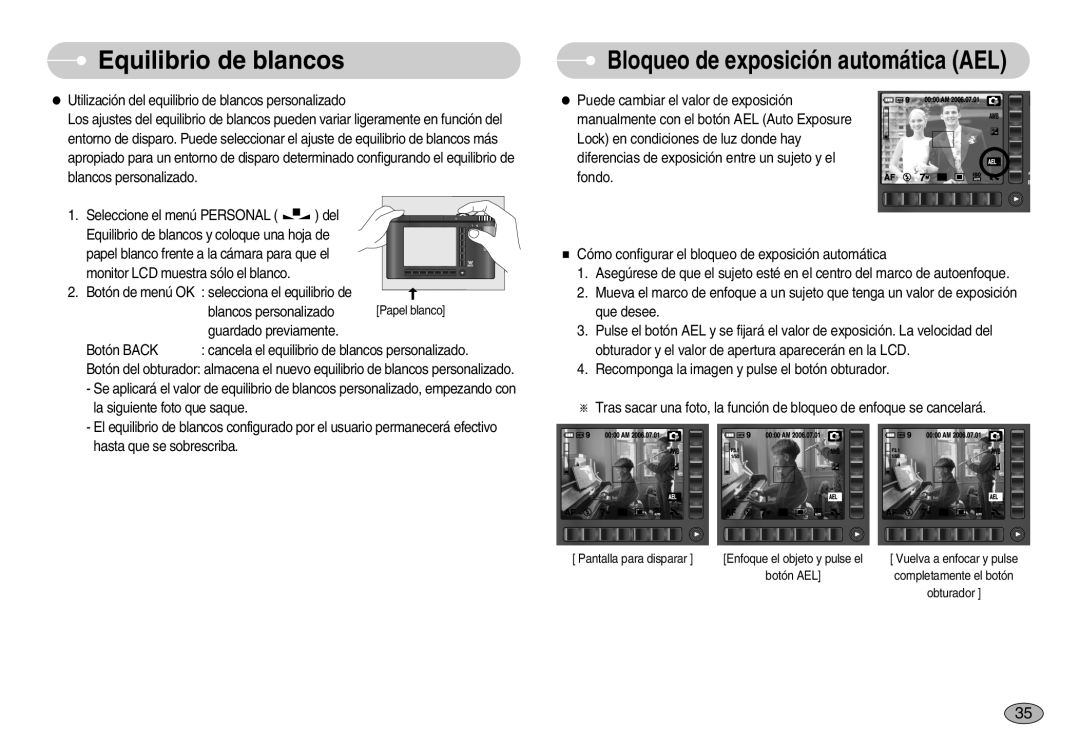 Samsung EC-NV7ZZBBC/DE, EC-NV7ZZBBC/E1, EC-NV7ZZBBA/SP, EC-NV7ZZBBB/SP manual Bloqueo de exposición automática AEL, Botón Back 