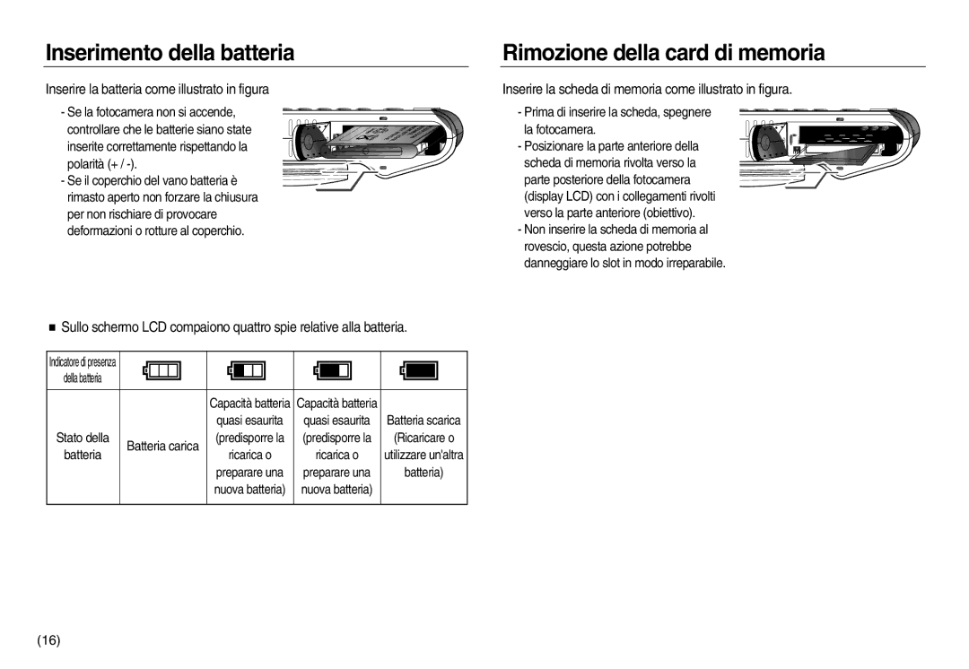 Samsung EC-NV8ZZBBA/IT, EC-NV8ZZBBA/E1, EC-NV8ZZSBA/E1 manual Inserimento della batteria, Rimozione della card di memoria 