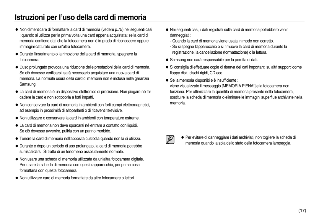 Samsung EC-NV8ZZBBA/E1, EC-NV8ZZSBA/E1, EC-NV8ZZSDA/E3, EC-NV8ZZBDA/E3 manual Istruzioni per l’uso della card di memoria 