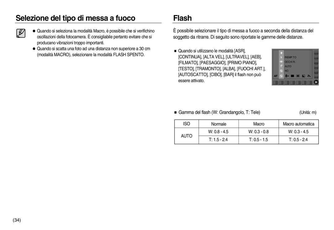 Samsung EC-NV8ZZBBA/IT, EC-NV8ZZBBA/E1, EC-NV8ZZSBA/E1, EC-NV8ZZSDA/E3 manual Flash, Gamma del flash W Grandangolo, T Tele 