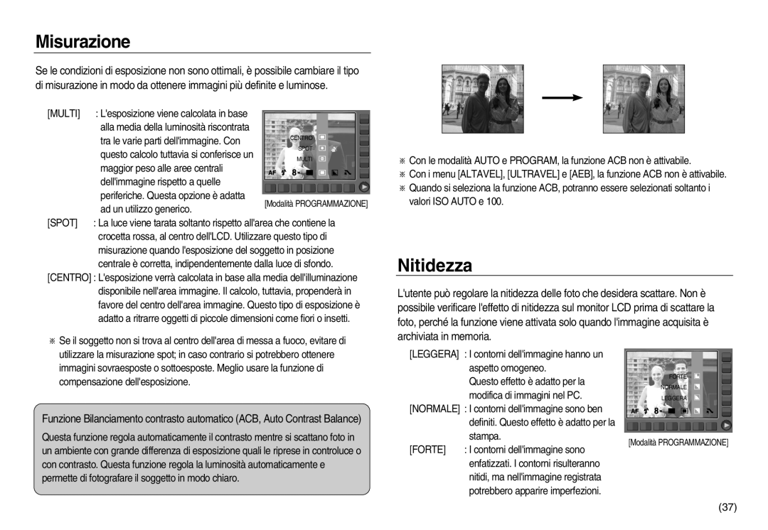 Samsung EC-NV8ZZSDA/E3, EC-NV8ZZBBA/E1, EC-NV8ZZSBA/E1, EC-NV8ZZBDA/E3, EC-NV8ZZSBA/IT manual Misurazione, Nitidezza, Multi 