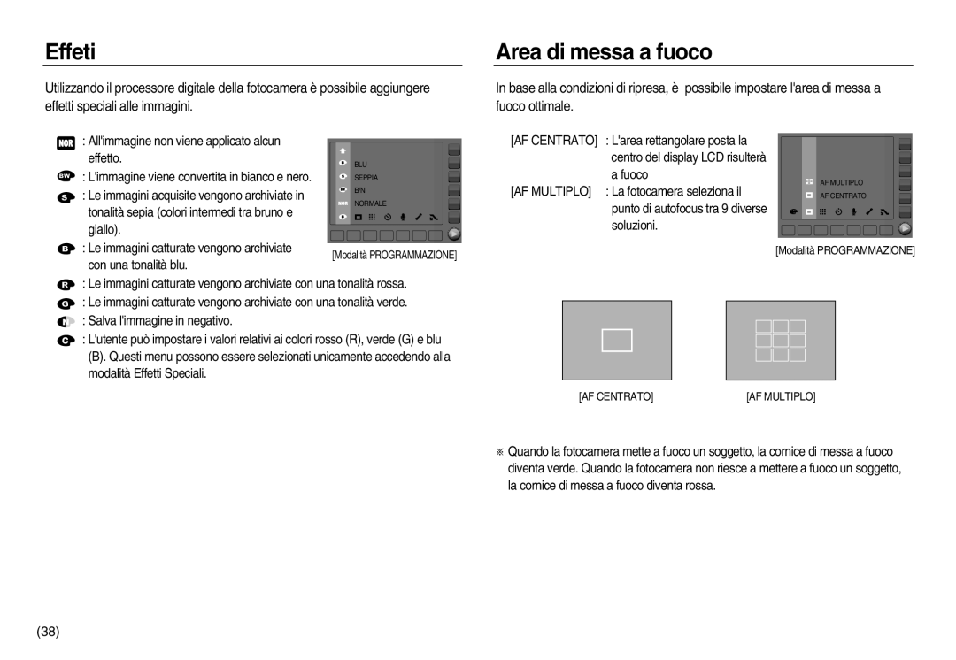 Samsung EC-NV8ZZBDA/E3, EC-NV8ZZBBA/E1, EC-NV8ZZSBA/E1, EC-NV8ZZSDA/E3 manual Effeti, Area di messa a fuoco, Fuoco ottimale 