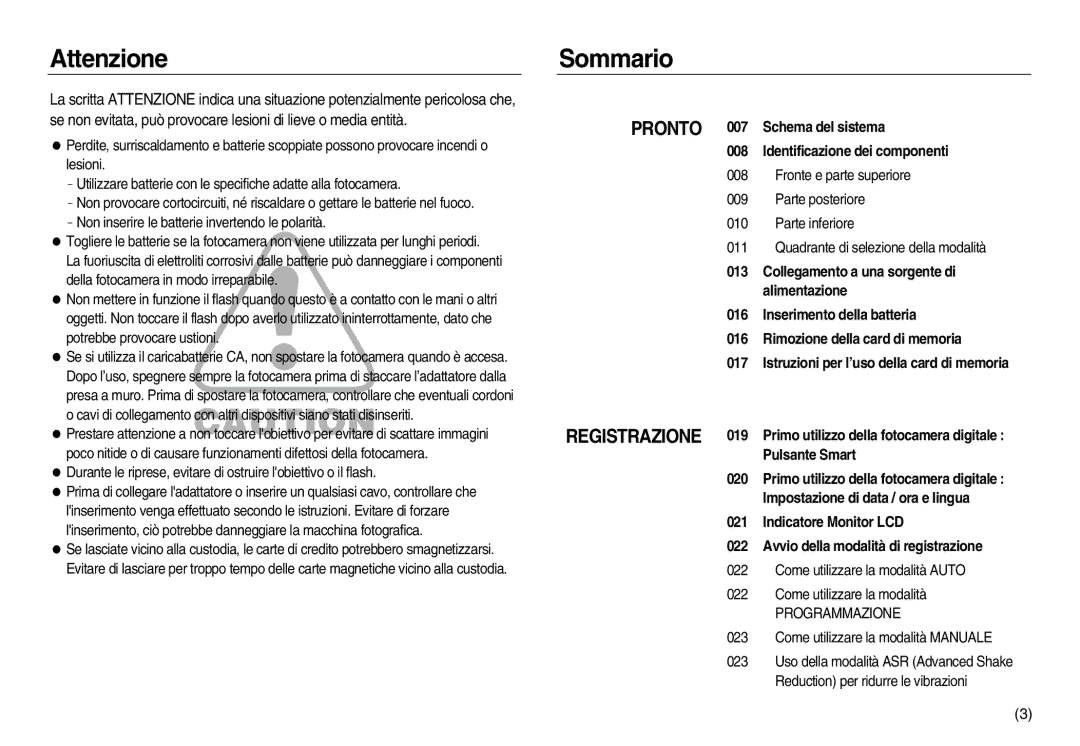 Samsung EC-NV8ZZSBA/IT, EC-NV8ZZBBA/E1, EC-NV8ZZSBA/E1, EC-NV8ZZSDA/E3, EC-NV8ZZBDA/E3, EC-NV8ZZBBA/IT Attenzione, Sommario 