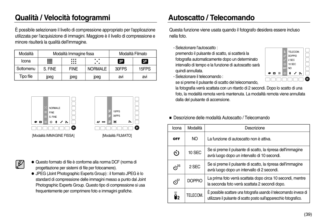 Samsung EC-NV8ZZSBA/IT, EC-NV8ZZBBA/E1, EC-NV8ZZSBA/E1 Qualità / Velocità fotogrammi, Autoscatto / Telecomando, Sec, Doppio 