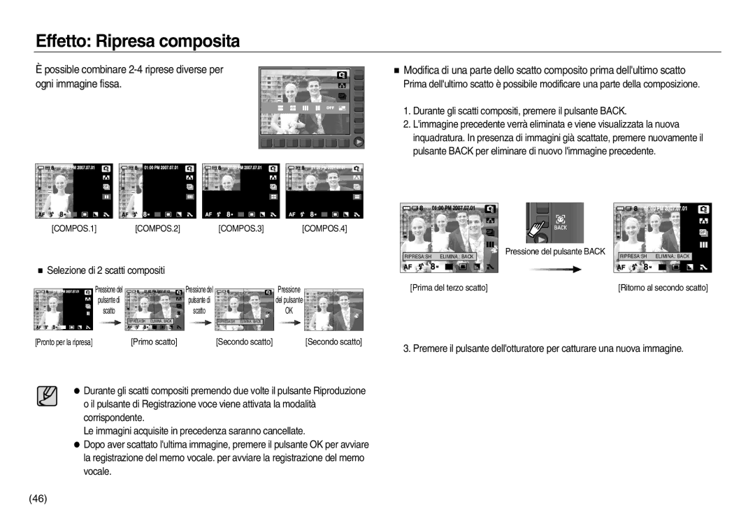 Samsung EC-NV8ZZBBA/IT, EC-NV8ZZBBA/E1, EC-NV8ZZSBA/E1 manual Effetto Ripresa composita, Selezione di 2 scatti compositi 