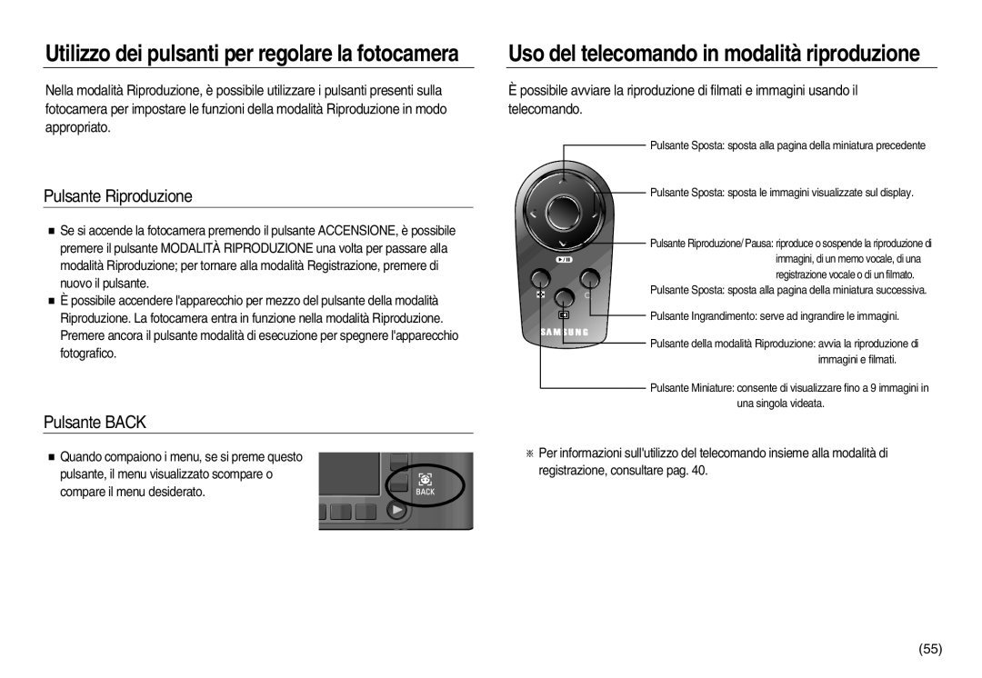 Samsung EC-NV8ZZSDA/E3, EC-NV8ZZBBA/E1, EC-NV8ZZSBA/E1, EC-NV8ZZBDA/E3, EC-NV8ZZSBA/IT Pulsante Riproduzione, Pulsante Back 